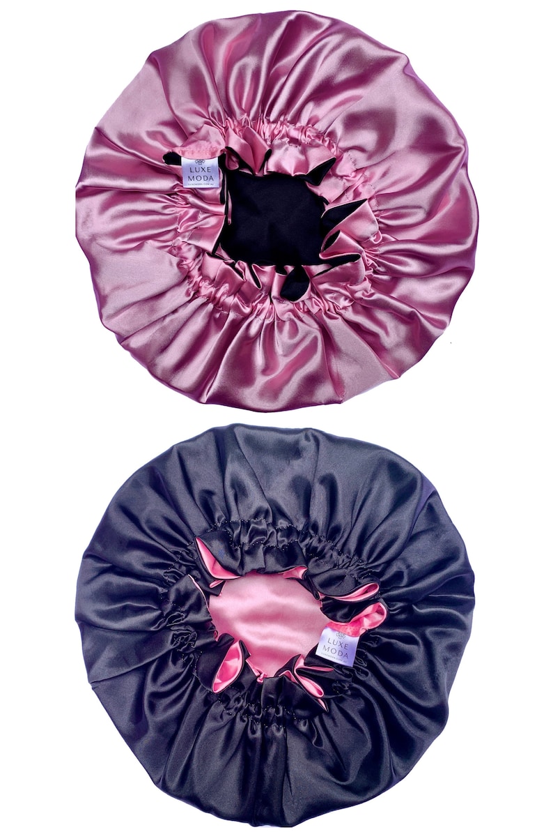 Vegan Silk Bonnet: Adjustable, Reversible & Double-Lined Turban Sleep Cap for Curly Hair Night Hair Care Hair Wrap Candy Pink/Black