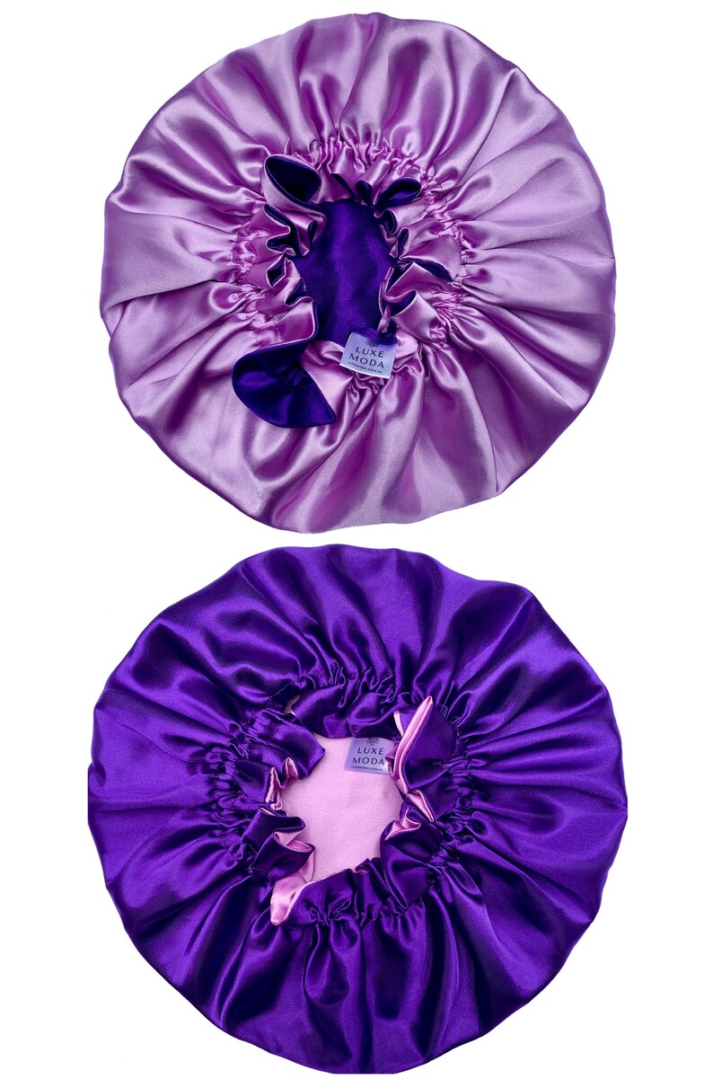 POUR CHEVEUX ÉPAIS Bonnet végétalien en soie : réglable, réversible et doublé Bonnet de nuit turban pour cheveux bouclés Enveloppement capillaire soin de nuit Lilac/Violet