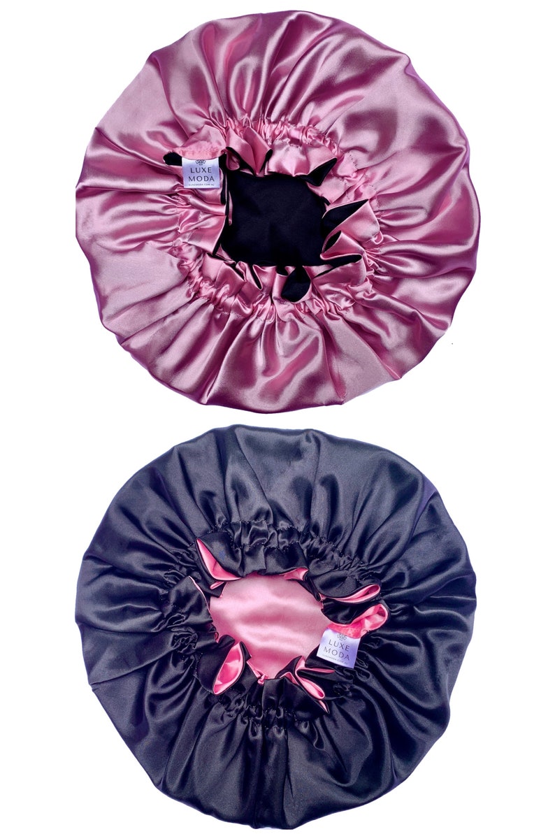 FOR LONG HAIR: Vegan Silk Sleep Bonnet Adjustable, Reversible & Double-Lined Turban Sleep Cap for Curly Hair Night Hair Care Sleep Wrap Candy Pink/Black