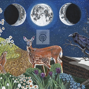 Triple Goddess - Three ages - Maiden, Mother and Crone represented by moon phases, plants and animals
