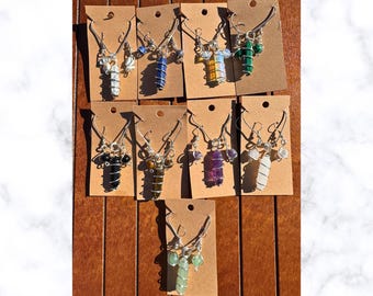 Handmade Wire Wrapped Gemstone Earring & Necklace Sets – Silver Dangle Earrings – Crystal Necklaces