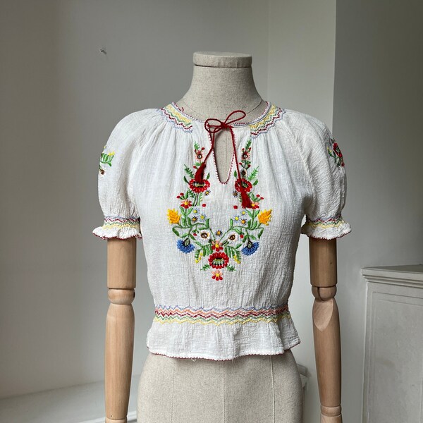 Vintage 1970's White Puff Sleeved Vibrant Embroidered Hungarian Style Folk Blouse