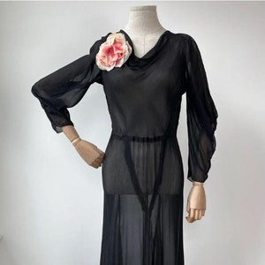 Vintage 1930s Black Printed Silk Chiffon Bias Dress