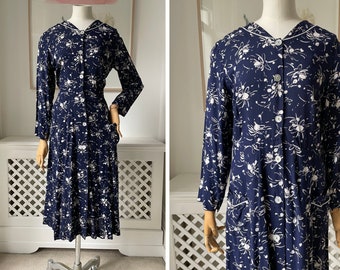 L 1950's Cotton Navy Floral Day Dress with Front Pockets and Button Down Front