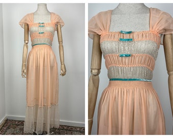 S 1950's 'Shirley' Apricot Pink Nylon Slip Nightdress with Lace and Turquoise Velvet Ribbon