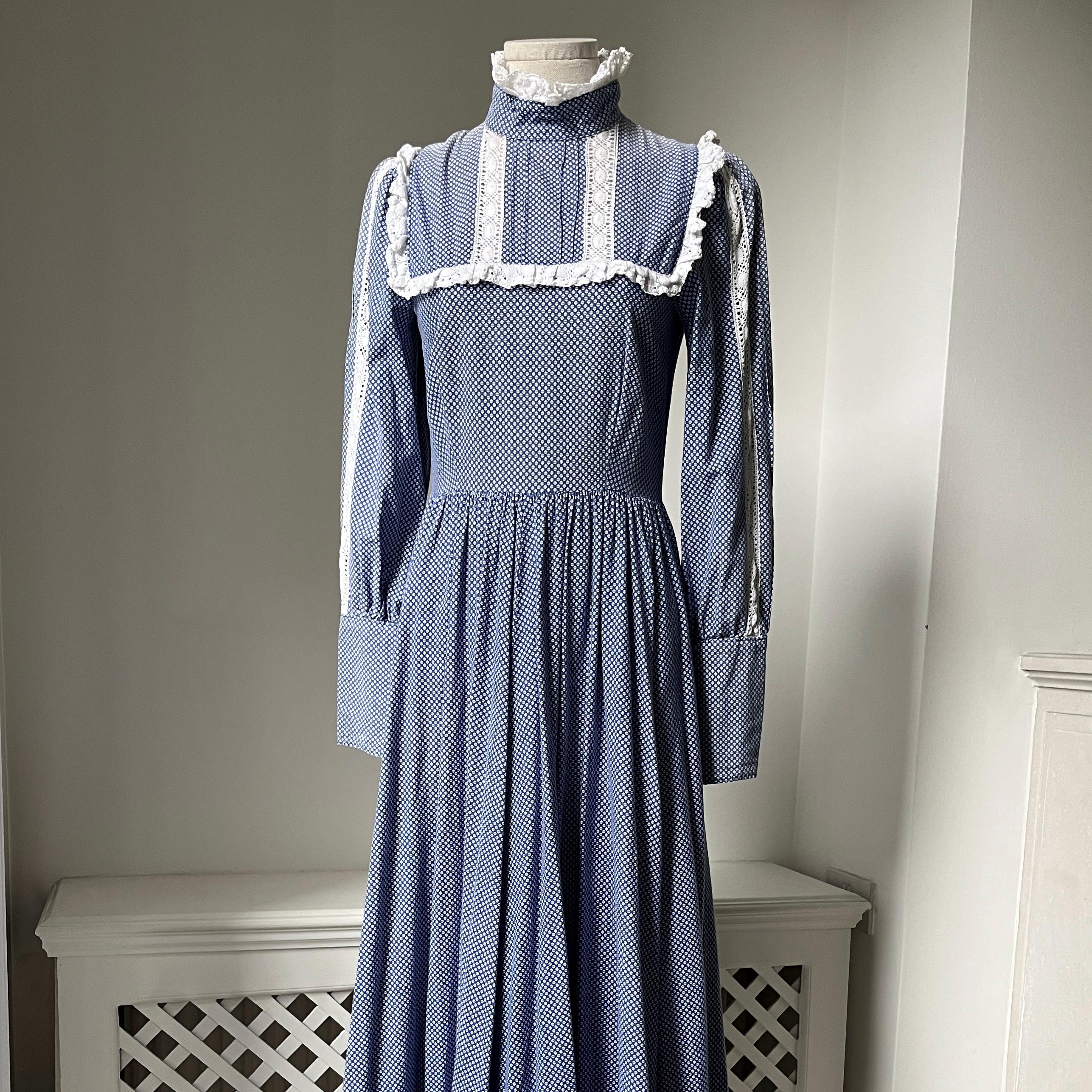 Vintage 1970s 'laura Ashley' Blue Prairie High Neck Dress - Etsy