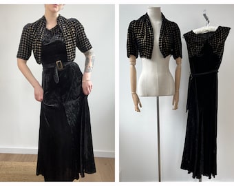 XS 1930s Black Velvet and Gold Polka Dot Bias Cut Evening Gown and Matching Bolero