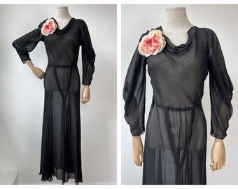 S 1930s Black Printed Silk Cowl Chiffon Bias Sheer Dress With Original Peony Rosette