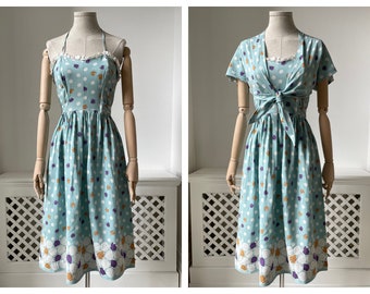 S 1940's Blue Floral Halterneck Day Dress and Bolero Set