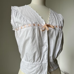 Vintage 1910s Cotton Corset Cover with Pale Pink Ribbon