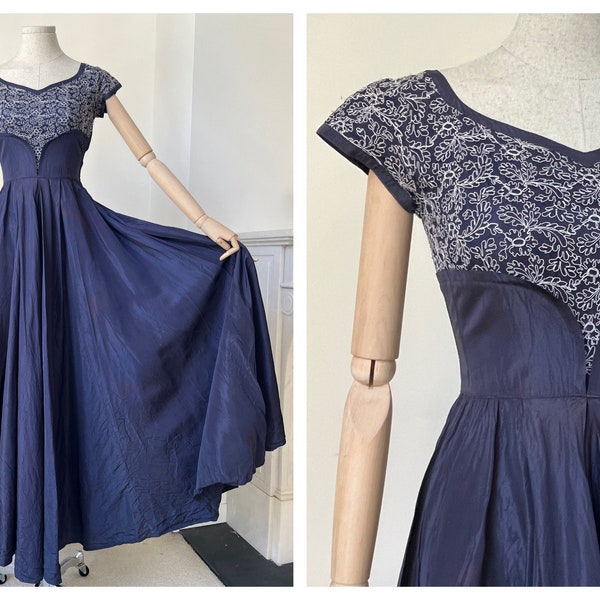 XS 1940's Navy Taffeta Evening Dress