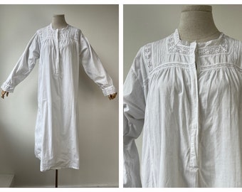 XL Antikes edwardianisches weißes Kittel-Nachthemd aus Baumwolle mit Cutwork