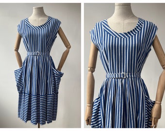 M 1950s Midcentury Blue and White Stripe Homemade Dress with Feature Pockets