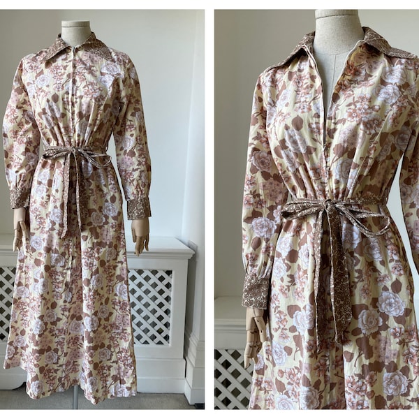 XL 1950's 1960's 'Valpercy Model' Maxi Zip Down House Dress in Yellow and Brown Floral Print