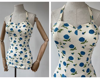 XS 1950s 1960s Hydrangea Print Swimsuit