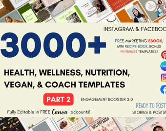 3000+ Health and Wellness Coach Weight Loss & Fitness Vegan Instagram Engagement Booster CANVA Templates Food Nutrition influencer media kit