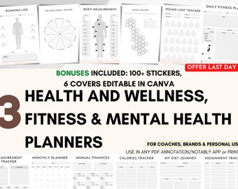 3 Health & Wellness Fitness Planner, Mental Health Workout and Mood Tracker Compatible With Goodnotes or any app includes planner stickers.