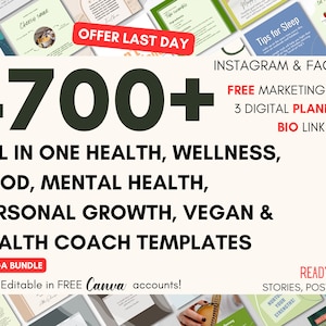 4700+ Health and Wellness Coach, Mental Health, Vegan Weight Loss and Fitness Instagram Engagement Booster CANVA Templates Food Nutrition