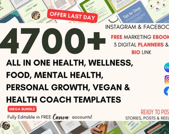 4700+ Gesundheits- und Wellness-Coach, psychische Gesundheit, vegane Gewichtsabnahme und Fitness Instagram Engagement Booster CANVA Vorlagen für Lebensmittel und Ernährung