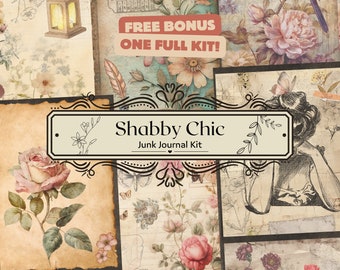 Vintage Shabby Chic Junk Journal Kit (Printable Pages with Ephemera, Cover, Tags, Full Pages), shabby chic Rose ephemera, Celestial Junk Png