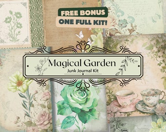 Nature Garden Junk Journal Kit (Printable Pages with Ephemera, Cover, Tags, Full Pages), Vintage Green Botanical Digital junk journal kit.
