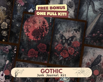 Gothic Junk Journal Kit (Printable Pages with Ephemera, Cover, Tags, Full Pages), grimoire halloween ephemera, Grungy Jcomplete junk journal