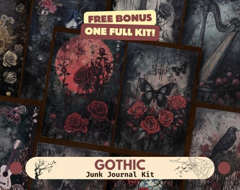 Gothic Junk Journal Kit (Printable Pages with Ephemera, Cover, Tags, Full Pages), grimoire halloween ephemera, Grungy Jcomplete junk journal