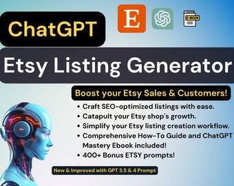Advance ChatGPT Etsy Listing Generator for etsy business owners, Etsy SEO Optimization done easy, improve etsy search rankings + FREE EBOOK!