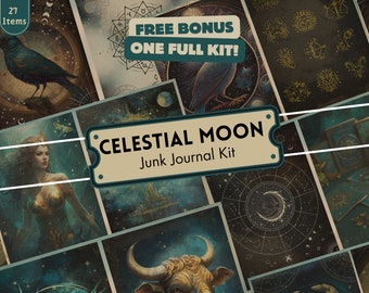 Celestial Moon Junk Journal Kit (Printable Pages with Ephemera, Cover, Tags, Full Pages), Astrology Junk Journal Digital papers Full kit png