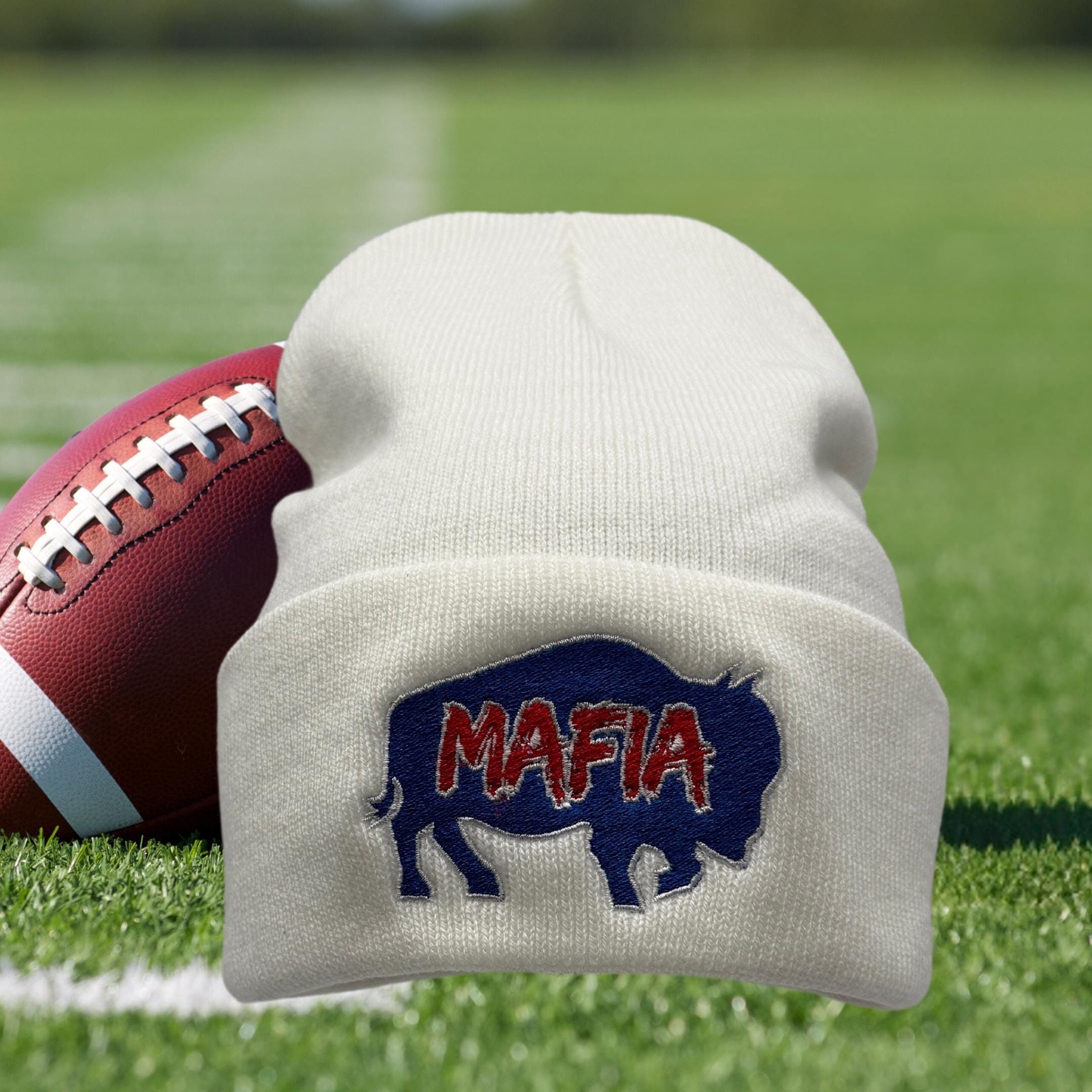 Buffalo Embroidered White Beanie, BUF Mafia, Buffalo Football