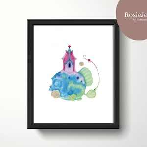 Surreal Abstract Fish Art Print, Digital Download, Minimalist Fishing Art, Modern, Coastal, Beach House Wall Décor, Original Fine Art
