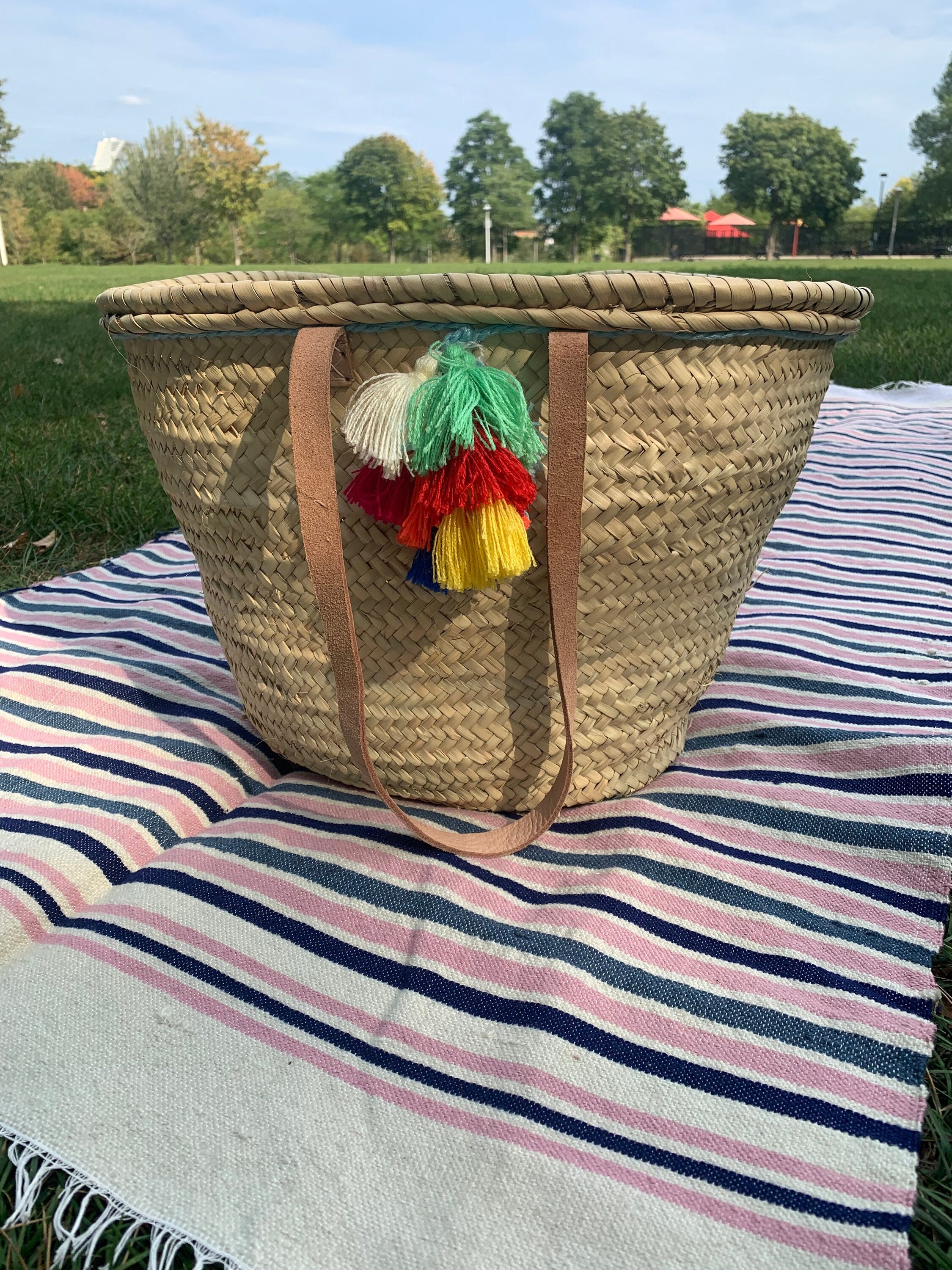 Moroccan Wicker Basket With Pom Pom Moroccan Straw Basket Etsy UK