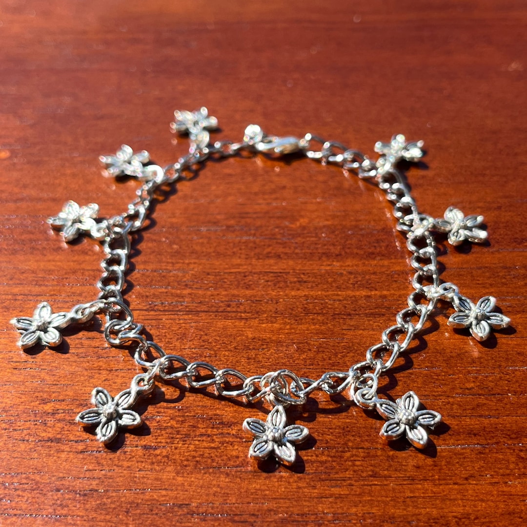 Silver Chain Bracelet Flower Charm Bracelet Sterling Silver Flower
