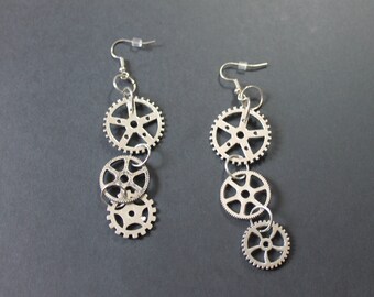 Silver steampunk gear dangle earring