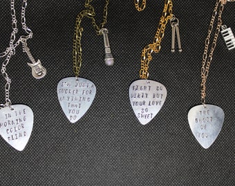 5 Seconds of Summer inspired Lyrics Guitar Picks Necklace with Charms || Aluminum Hand Stamped || Music