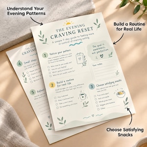 Può includere: Una guida stampata intitolata The Evening Craving Reset, che presenta un piano di 7 giorni con sezioni numerate, caselle di controllo e illustrazioni di sole, foglie, taccuino, tazza e ciotola, su carta color crema.