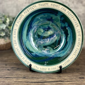 Love is Patient Love is Kind Handmade Pottery Bowls Religious Wedding Gifts Couple Housewarming Gift Christian Scripture Wedding Gift RIM personalized