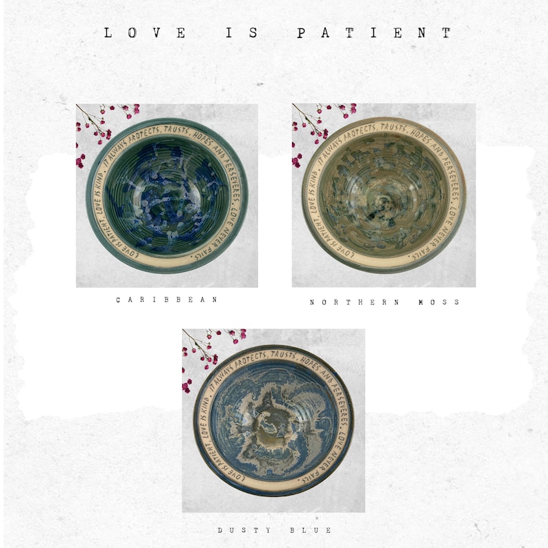 Love is Patient Love is Kind Handmade Pottery Bowls Religious Wedding Gifts Couple Housewarming Gift Christian Scripture Wedding Gift image 2