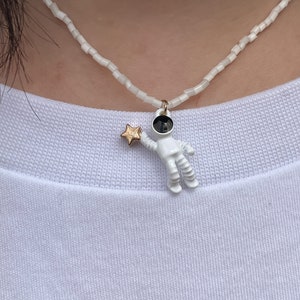 Pearl necklace "Space", necklace with astronaut pendant, white choker.