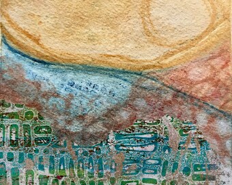 Original landscape painting, modern fall watercolor, blue gold painting, art gift