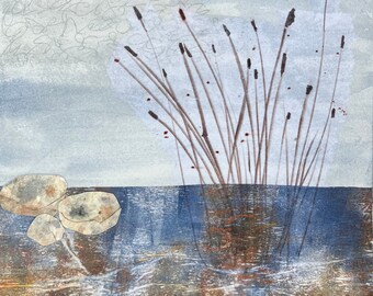Landscape art print, blue white brown abstract watercolor, lake painting, art gift