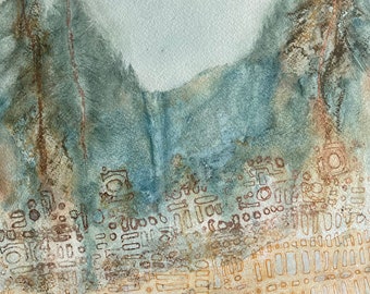 Impressionist landscape watercolor art print, modern blue green brown painting, mountain collage, art gift
