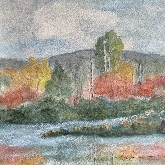Watercolor landscape art print, blue green rust gold lake painting, fall trees artwork, art gift