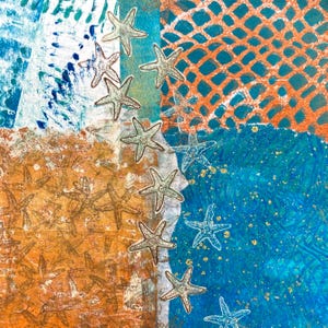 Abstract coastal art print, modern beach artwork, teal and orange painting, starfish art