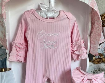 Baby girl coming home outfit, monogrammed footie, newborn clothing, girl clothing, baby shower gift, sleeper, ruffle footie