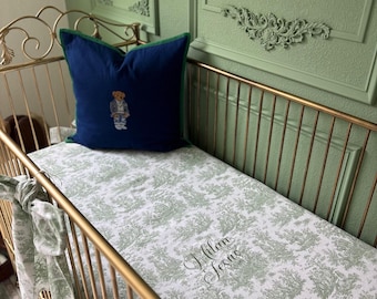 Ropa de cuna con estampado Toile verde, ropa de cuna para bebé niño o niña, ropa de cuna neutra para bebé, faldón de cuna Toile, manta, lazos para guardería