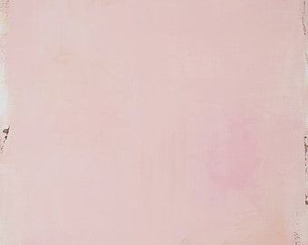 May include: Abstract painting with a soft pink color palette. The artwork features a textured surface with visible brushstrokes and a subtle gradient effect. The edges of the canvas have a distressed, aged appearance.