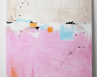 May include: Abstract art painting with a pink and white background. The painting features orange and blue squares, black brushstrokes, and brown drips. The artwork is on a canvas.