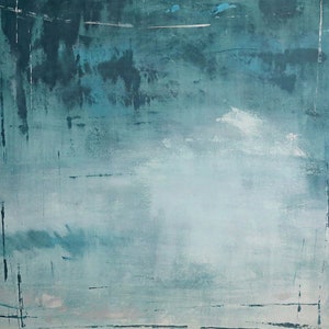 May include: Abstract painting with a textured surface, featuring shades of teal, turquoise, and white. The artwork has a layered effect with visible brushstrokes and a gradient from dark to light, creating a sense of depth and movement. The overall theme is a modern, minimalist aesthetic.