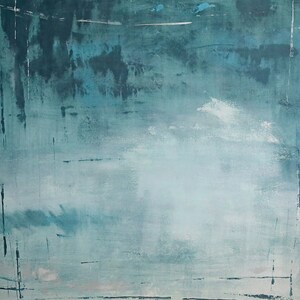 May include: Abstract painting with a textured surface. The artwork features a gradient of blues, from deep teal to pale turquoise, with visible brushstrokes and subtle white highlights. The composition has a square format.